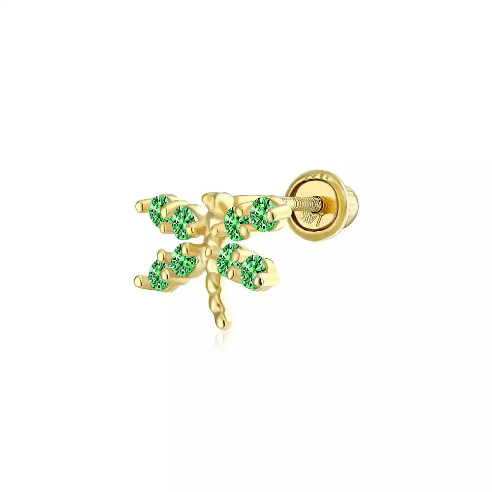 Bling Jewelry Dainty Green CZ Dragonfly Helix Stud Earring In 14K Yellow Gold Screwback (single)