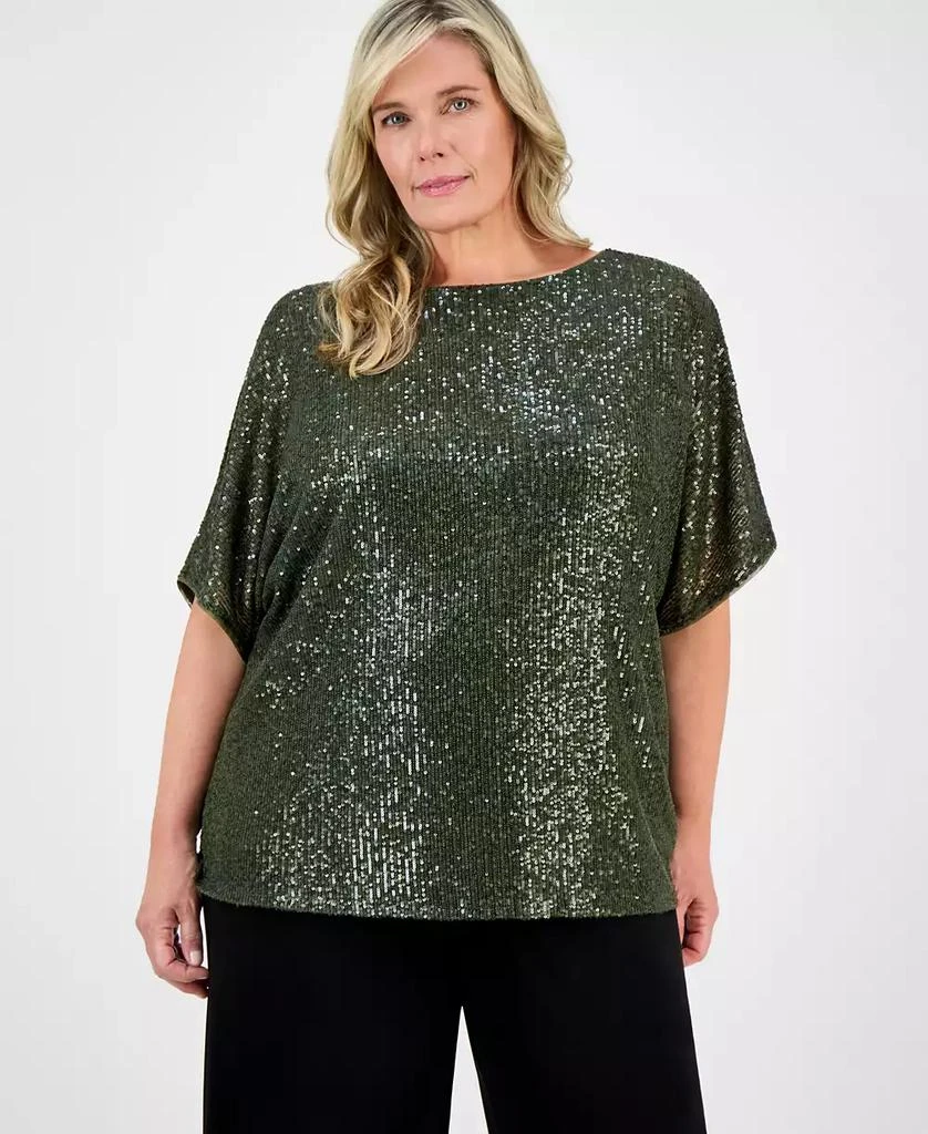 Anne Klein Plus Size Sequin Dolman-Sleeve Boat-Neck Top 1