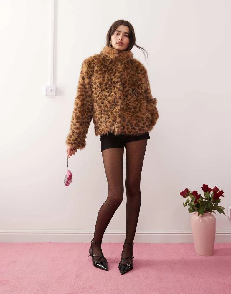 Motel Motel joji crop faux fur leopard print jacket in brown 2