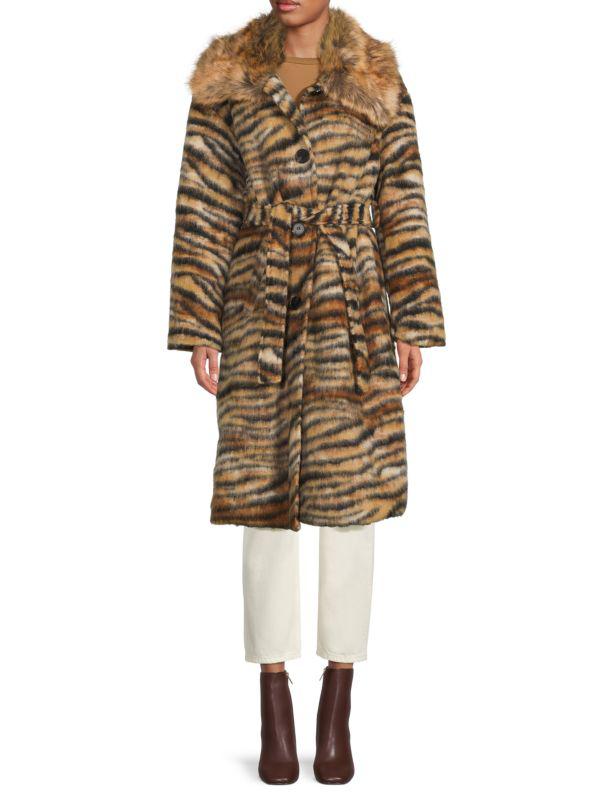 La Fiorentina Tiger Print Faux Fur & Wool Coat