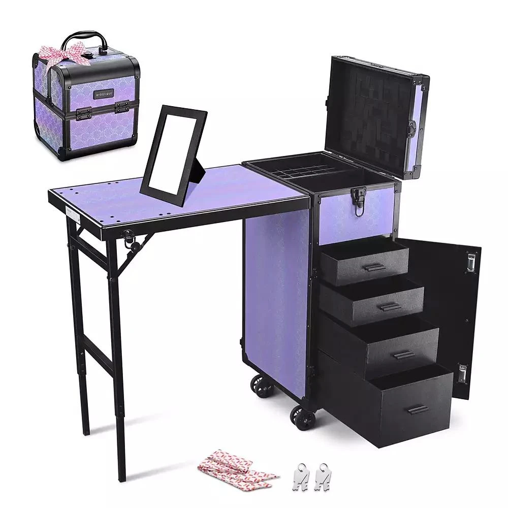 Byootique Portable Rolling Nail Table Kit with Makeup Train Case Aluminum Purple