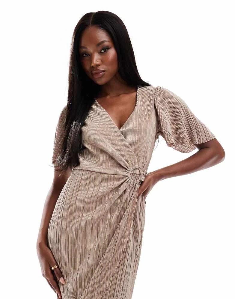 AX Paris AX Paris plisse short sleeve wrap midi dress with ring detail in taupe 2
