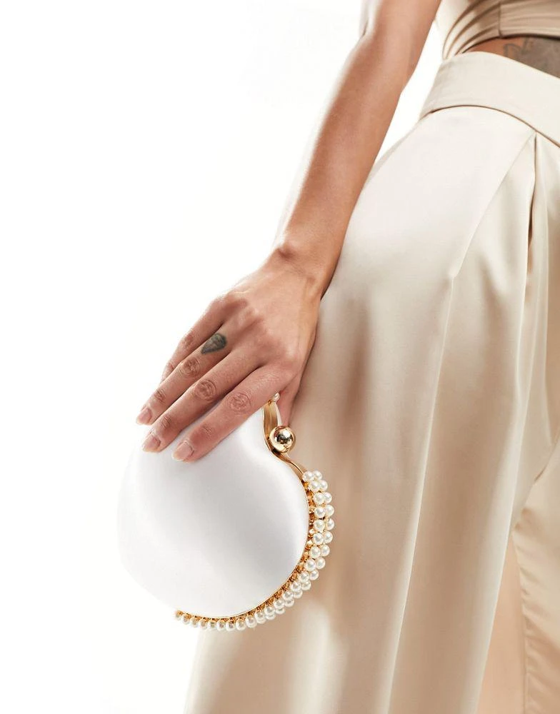 True Decadence True Decadence pearl trim heart clutch bag in white satin 4
