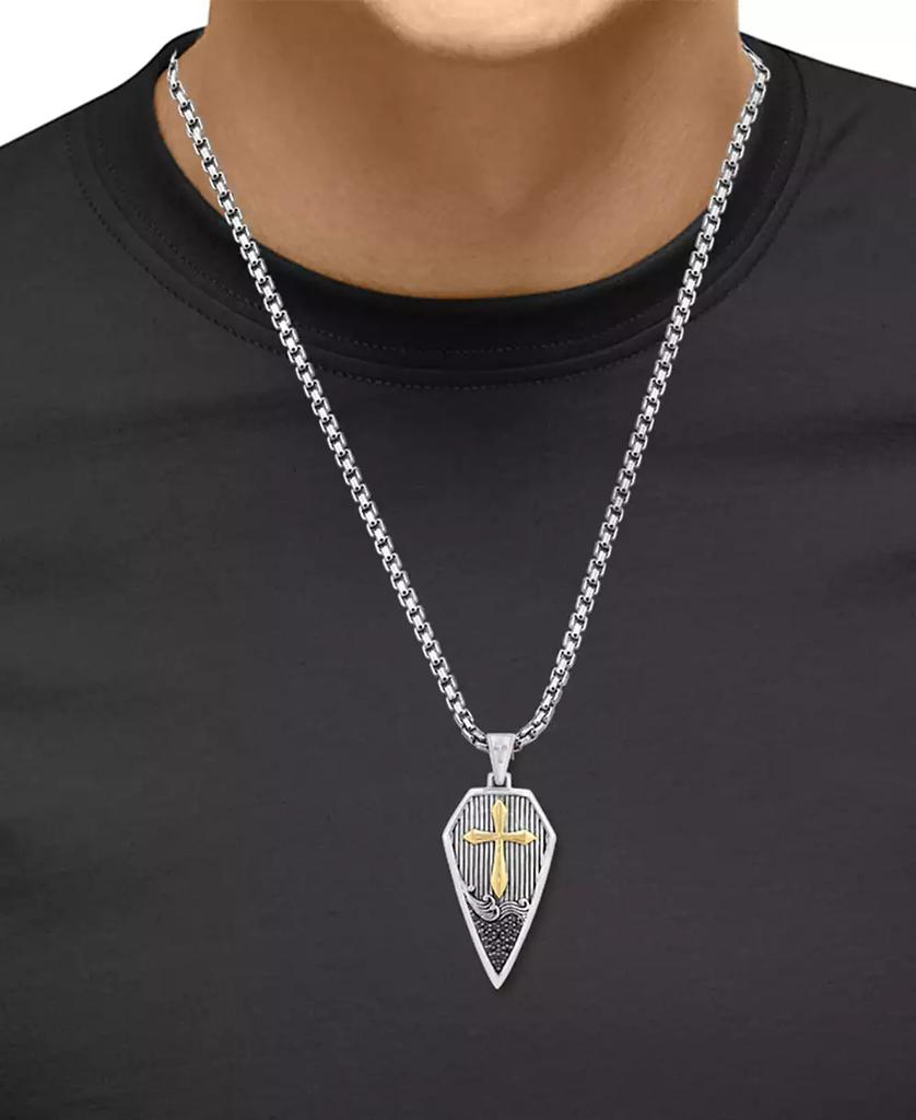 Effy EFFY® Men's Black Zircon (1/8 ct. t.w.) Cross Shield 22" Pendant Necklace in Sterling Silver & 18k Yellow Gold Over Sterling Silver