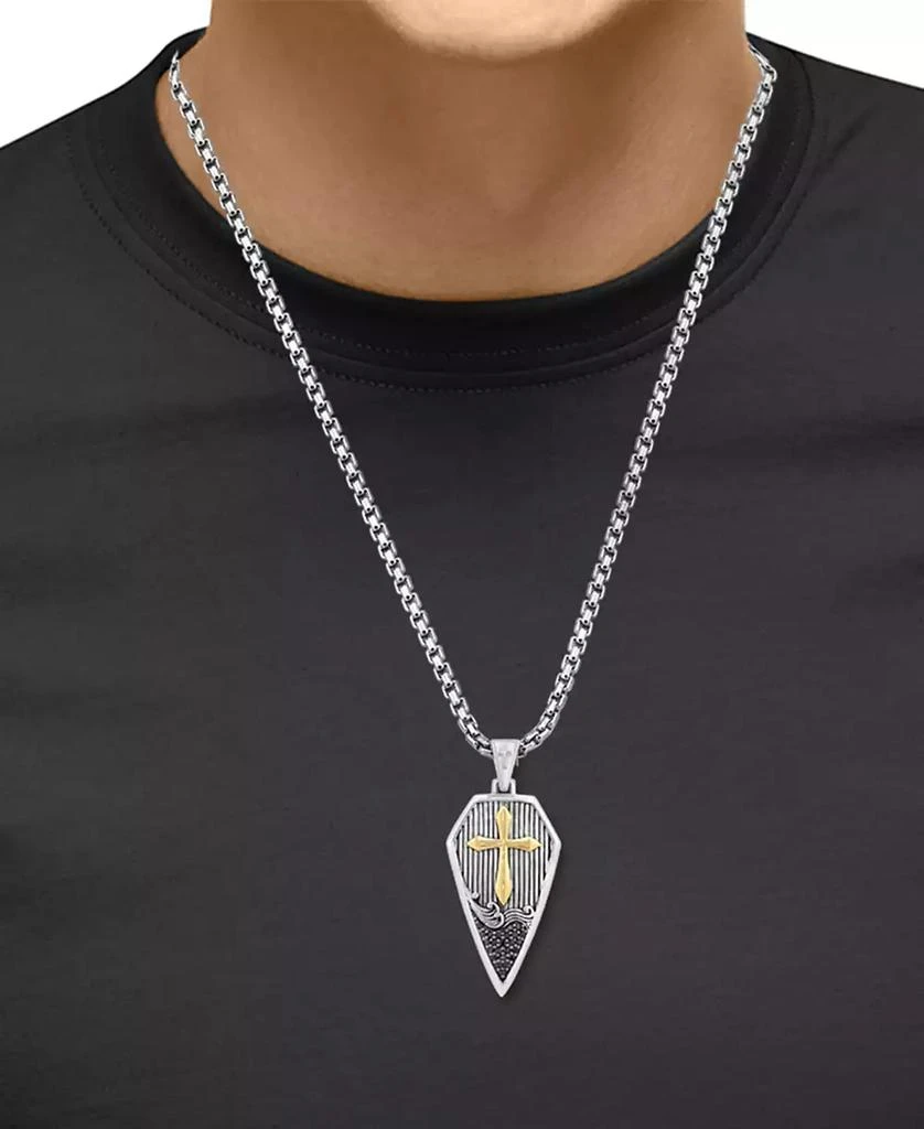 Effy EFFY® Men's Black Zircon (1/8 ct. t.w.) Cross Shield 22" Pendant Necklace in Sterling Silver & 18k Yellow Gold Over Sterling Silver 2