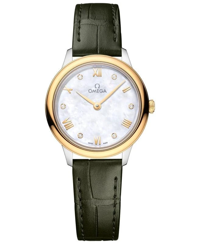 Omega Omega De Ville Prestige Quartz 27.5mm Mother of Pearl Diamond Dial 18K Yellow Gold Bezel Green Leather Strap Women's Watch 434.23.28.60.55.001 1