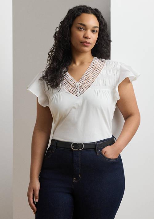 Ralph Lauren Ralph Lauren Plus Size Lace Trim Jersey Flutter Sleeve T Shirt