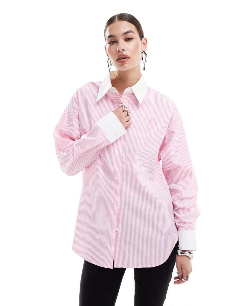 Urban Revivo Urban Revivo striped boyfriend shirt in pink and white 3