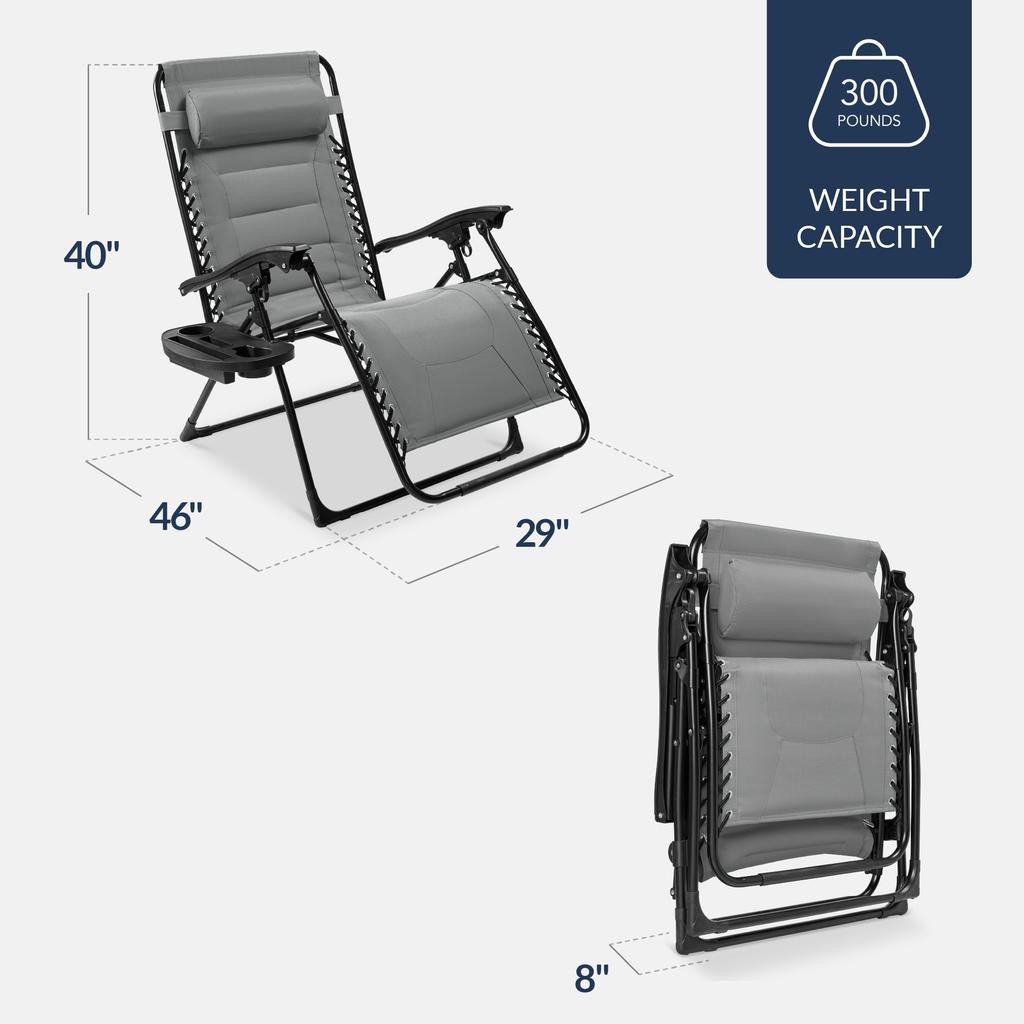 Best Choice Products Oversized Padded Zero Gravity Chair, Folding Outdoor Patio Recliner w/ Side Tray - Gray