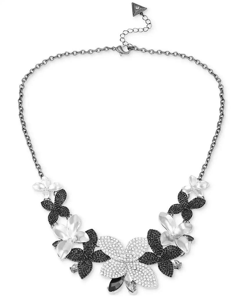 GUESS Silver-Tone Black & Clear Pavé & Marquise Stone Flower Statement Necklace, 18" + 2" extender 2
