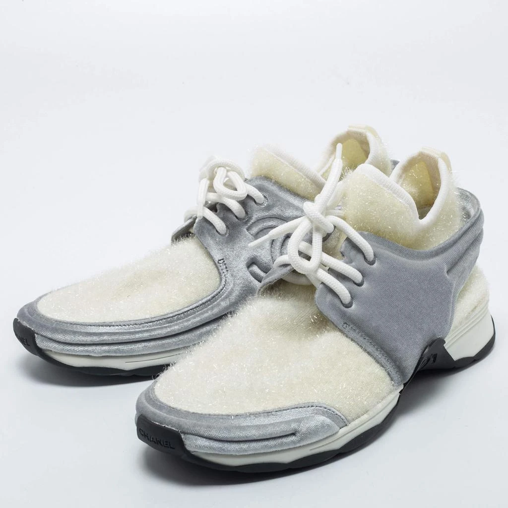 Chanel Chanel White/Grey Stretch Fabric and Corduroy CC Sneakers Size 40.5 2