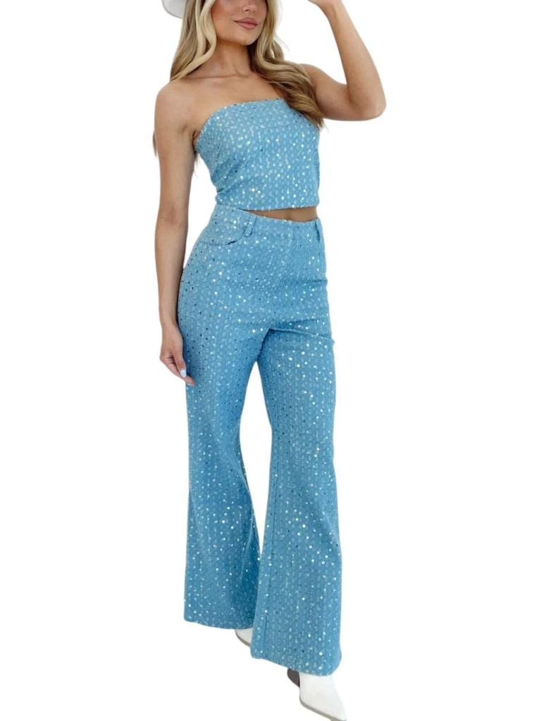 LE LIS High Waisted Wide Reg Sequin Pants In Light Blue 1