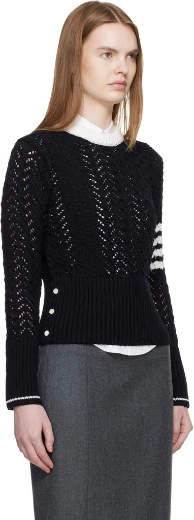 Thom Browne Navy Cable Pointelle Stitch Classic 4-Bar Sweater 2