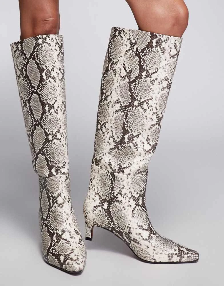River Island River Island snakeskin print knee boots with low heel in beige 2