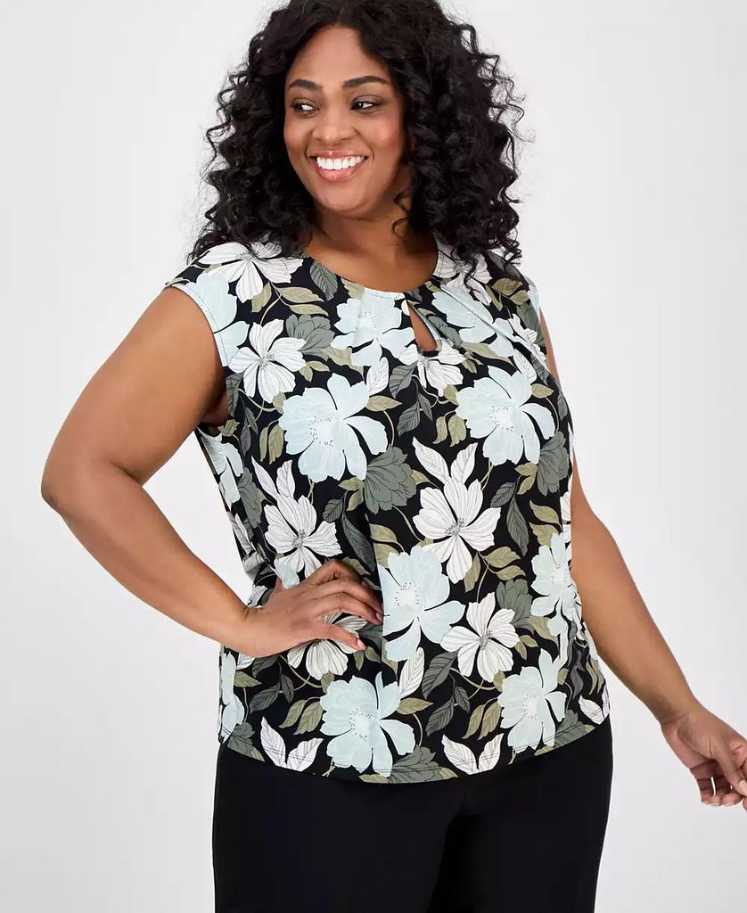 Kasper Plus Size Floral-Print Keyhole Top
