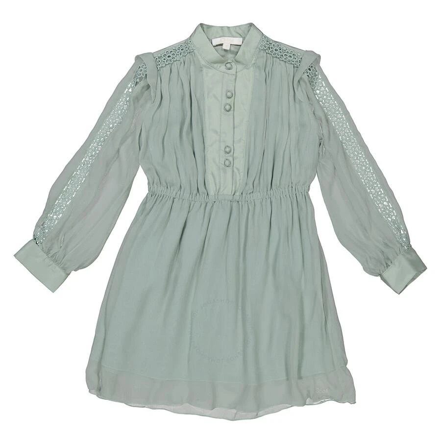 Chloé Girls Green Lace-Trim Long Sleeve Midi Shirt Dress 1