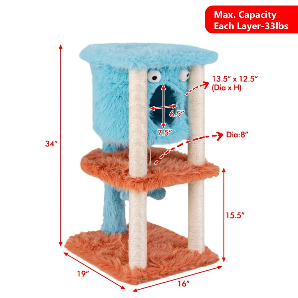 Hivvago Adorable Monster-Style Cat Tower with Cozy Condo and Ultra-Soft Plush 3