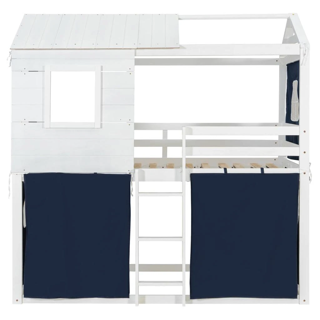 Streamdale Furniture Streamdale Twin Size Bunk Wood House Bed with Tent, Blue+White 4