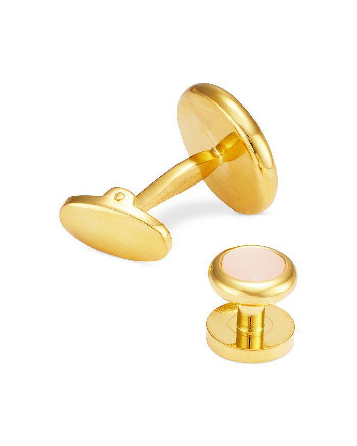 LINK UP Gold-Tone Round White Mother-of-Pearl Stud & Cufflink Set