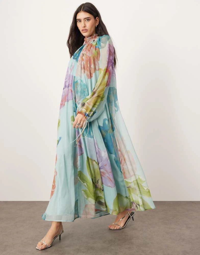 ARRANGE ARRANGE chiffon high neck trapeze maxi dress in large blue floral print 3