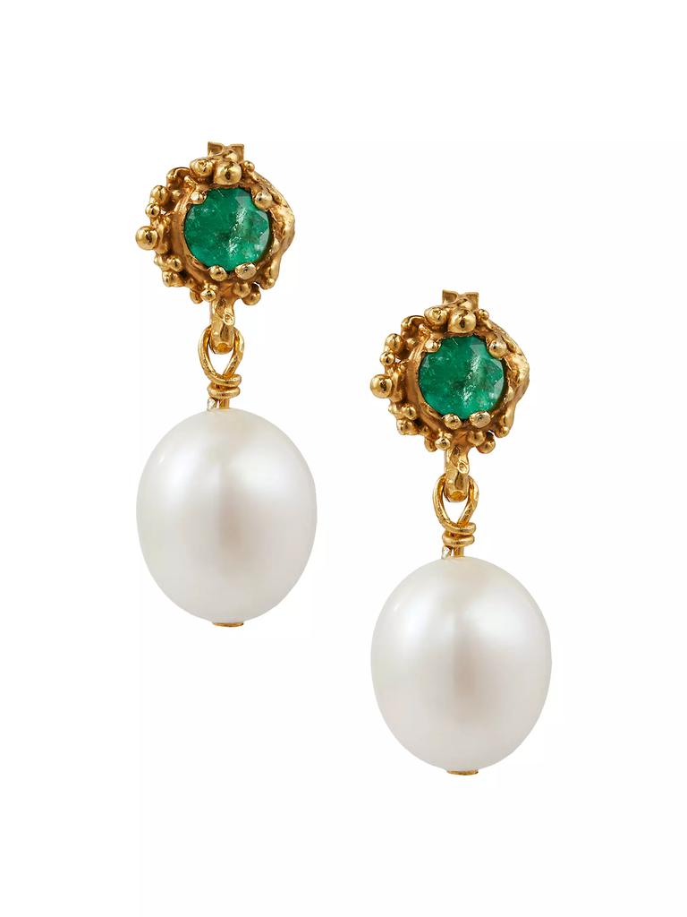 Alighieri 24K Gold-Plated , Faceted Emerald, Freshwater Pearl Drop Earrings