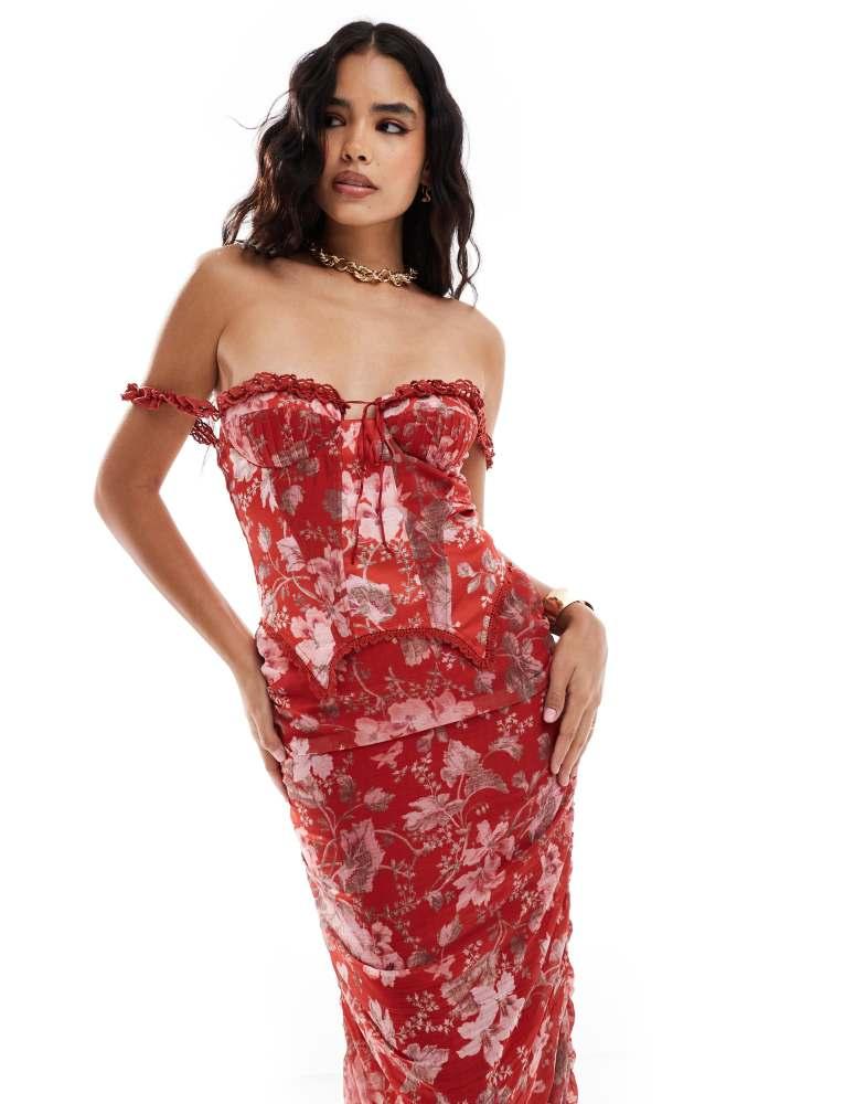 ASOS ASOS DESIGN off the shoulder satin corset detail chiffon ruched midi dress in red floral print