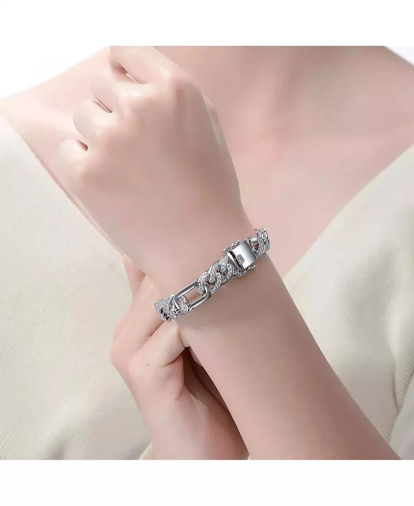 Genevive Men
s Sterling Silver White Gold Plated with Iced Out Cubic Zirconia Oblong Curb Chain Bracelet 3