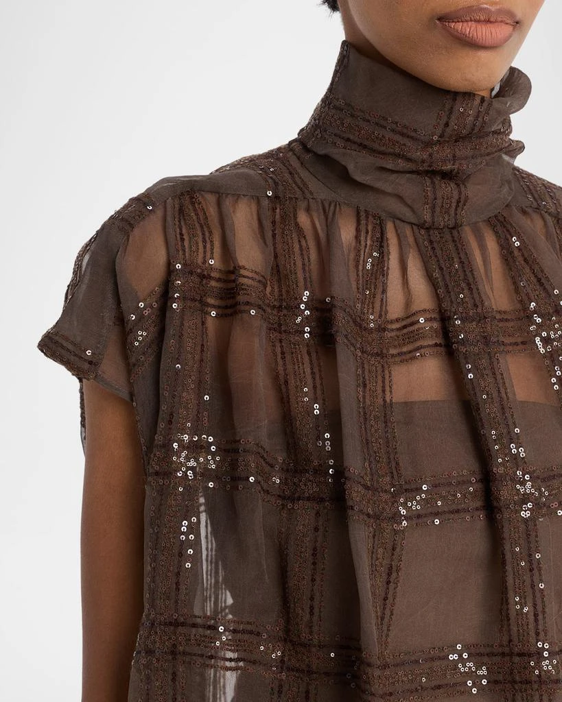 Brunello Cucinelli Prince Of Wales Paillette Crispy Silk Chiffon Blouse 5