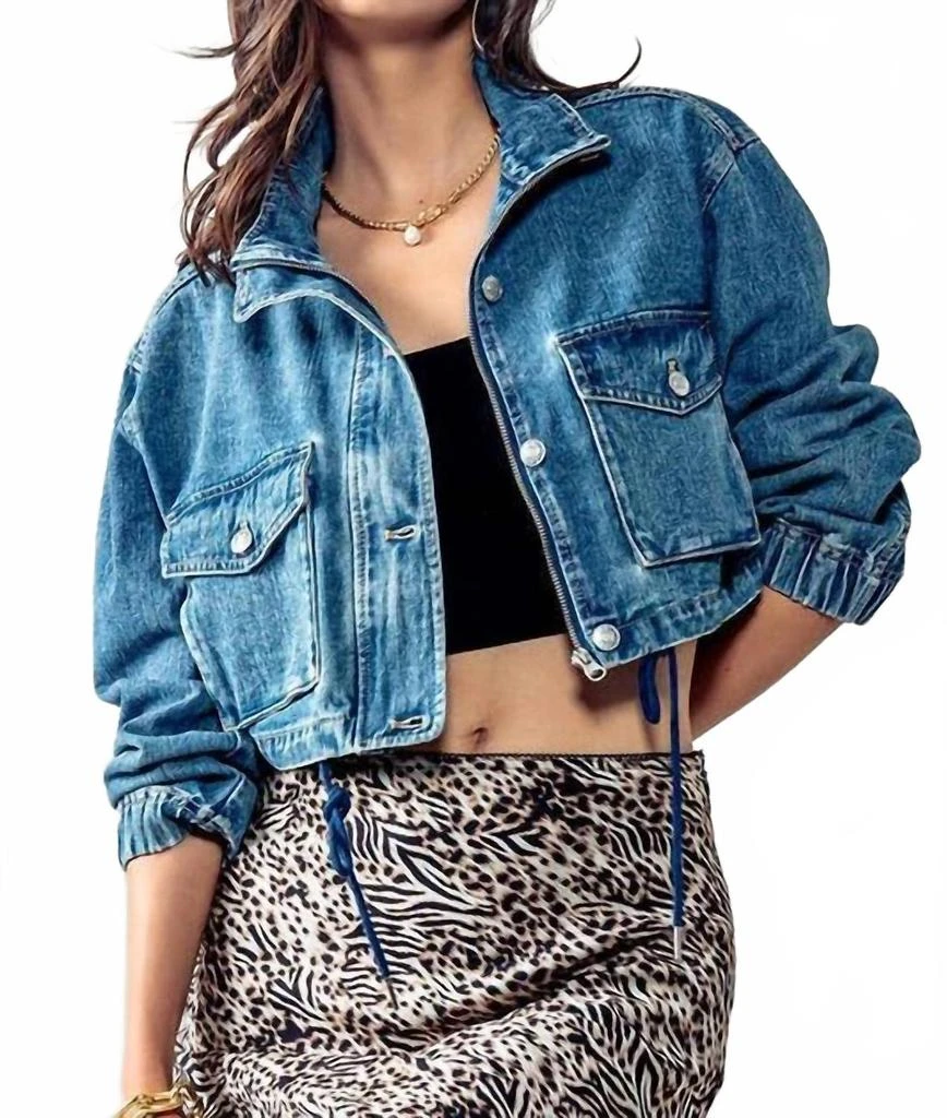 Urban Daizy Drawstring Hem Stand Collar Denim Jacket In Blue