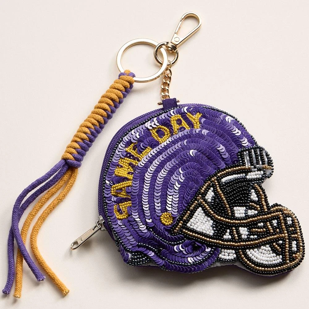 FASHNZFAB LSU GAME DAY Football Helmet Sequin Seed Beaded Knot Keychain Mini Pouch Bag