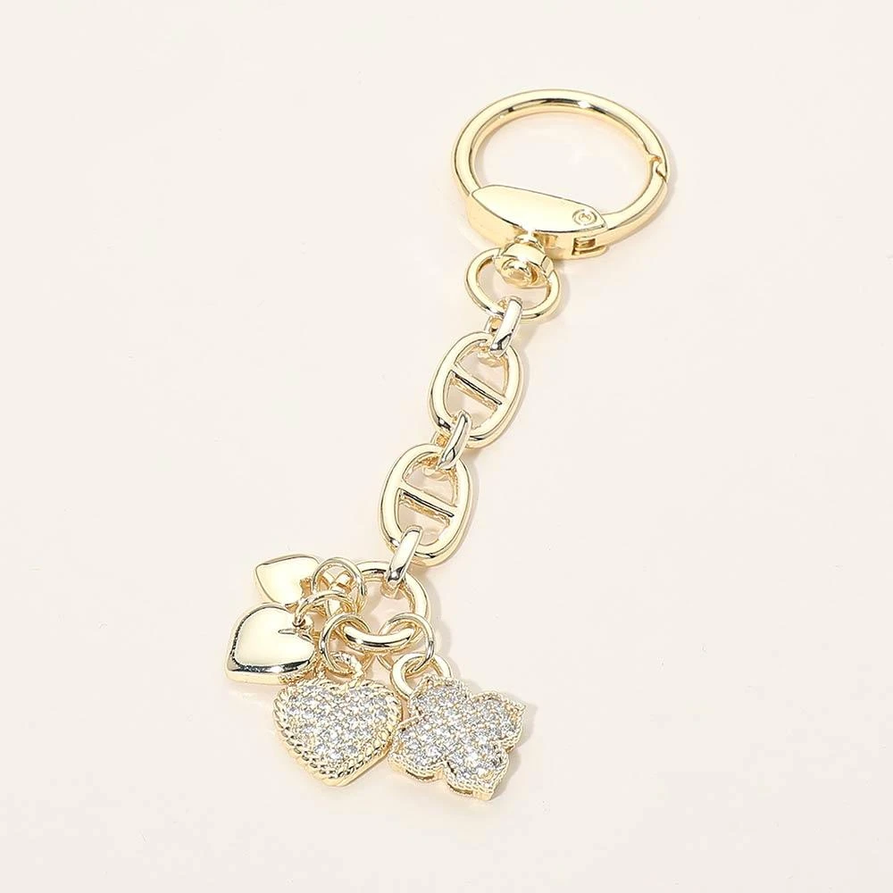 FASHNZFAB 14K Gold Plated Triple Heart CZ Stone Paved Heart Flower Charm Drop Bag Charm Keychain
