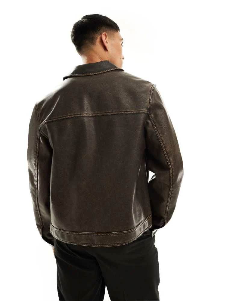 ASOS ASOS DESIGN faux leather harrington jacket in washed brown 4