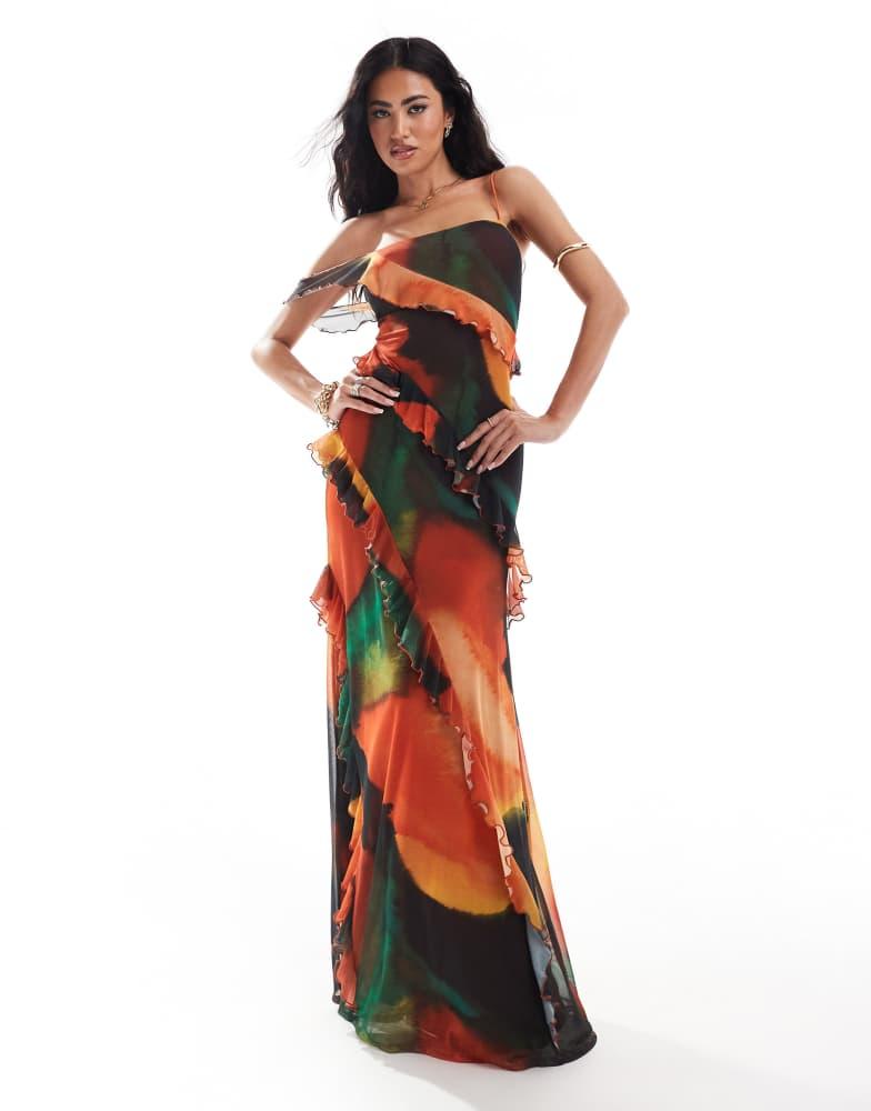 ASOS ASOS DESIGN mesh off shoulder ruffle detail maxi dress in oversized floral print