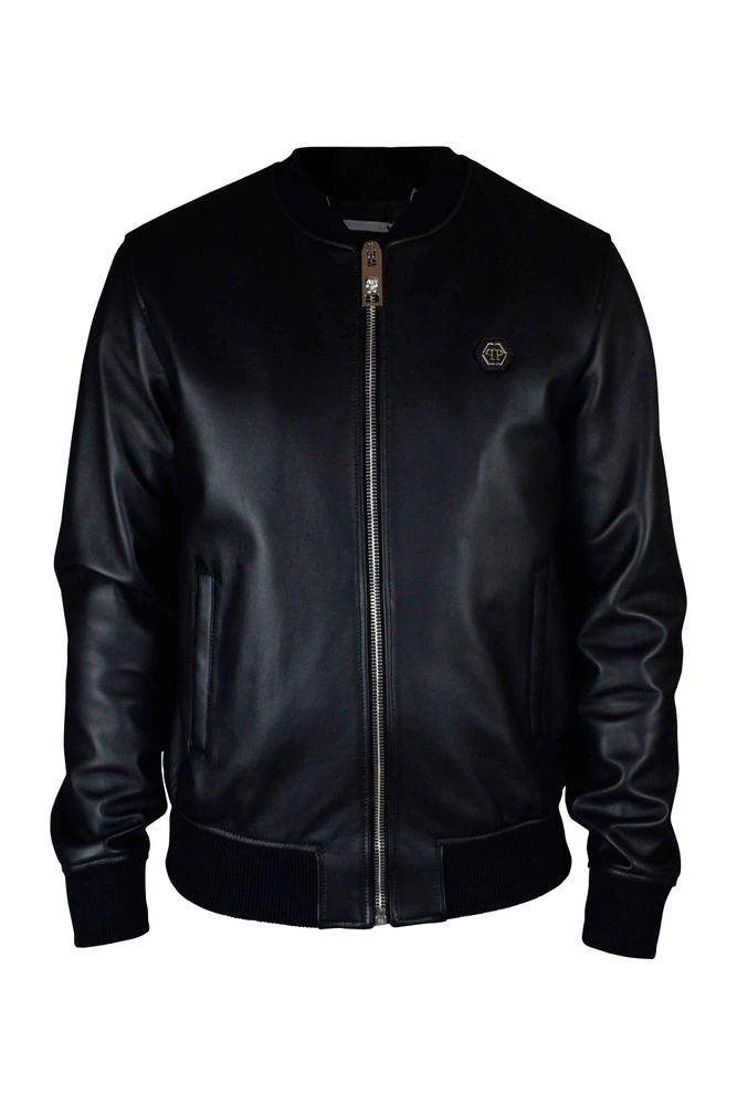 Philipp Plein Smooth Black Leather Bomber Jacket