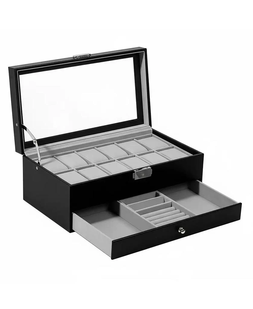YIGII 12 Slot Watch Box Display Organizer Leather Automatic LED Light Battery Operated Gift