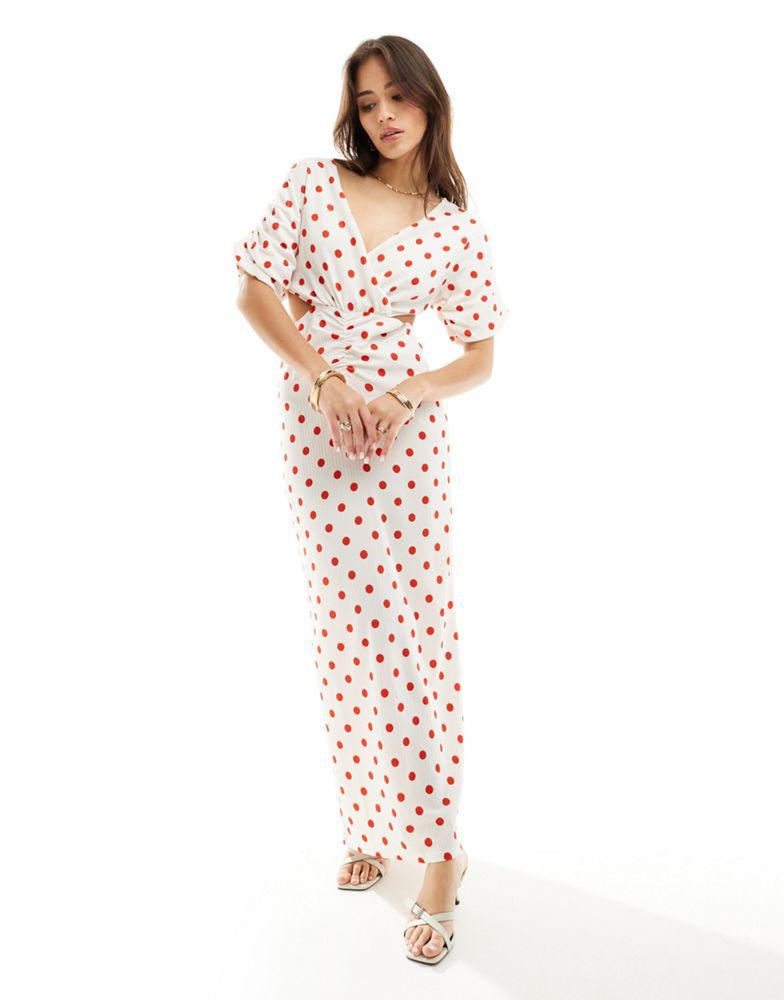 Y.A.S. YAS cut out side maxi dress with puff sleeve in white and red spot - MULTI