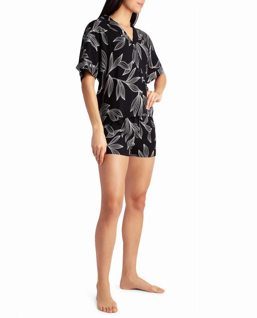 Nicole Miller Woven Shirt And Short Two-Piece Sleepwear Set In Black Leaf 3