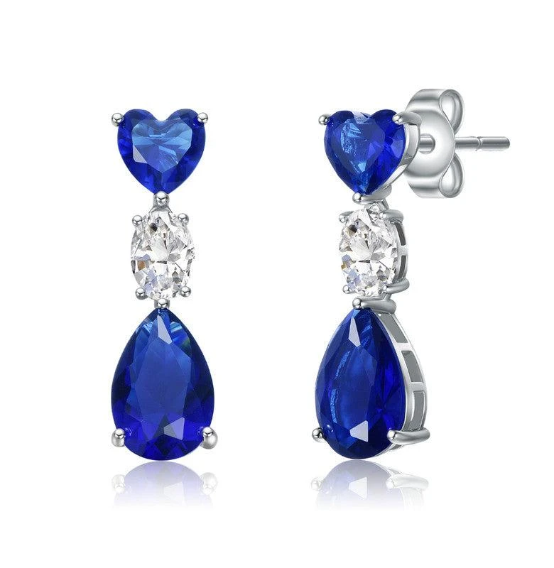 Genevive Sterling Silver White Gold Plated with Blue 
White Cubic Zirconia Three-Stone Dangle Earrings
