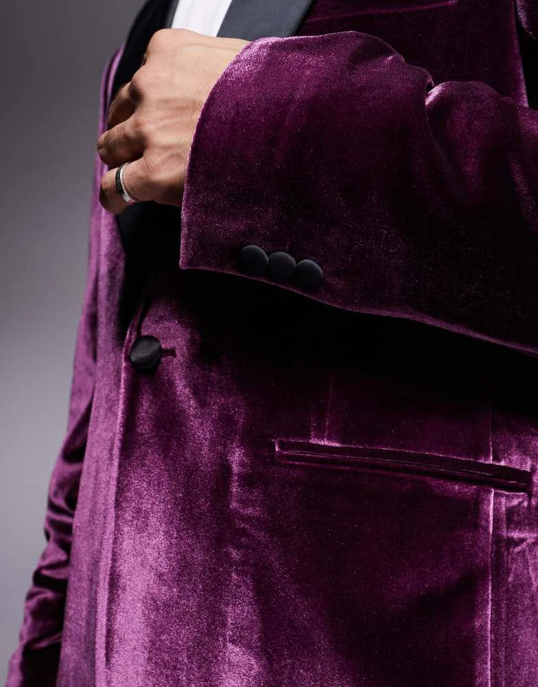 ASOS ASOS DESIGN slim velvet tuxedo blazer in burgundy 3