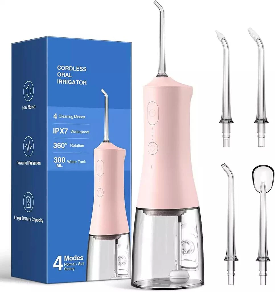 HEATDAZ 300ml Cordless Water Flosser with 4 Jet Tips, Portable Water Dental Flossers, Rechargeable Oral Irrigator with 4 Modes for Home Travel