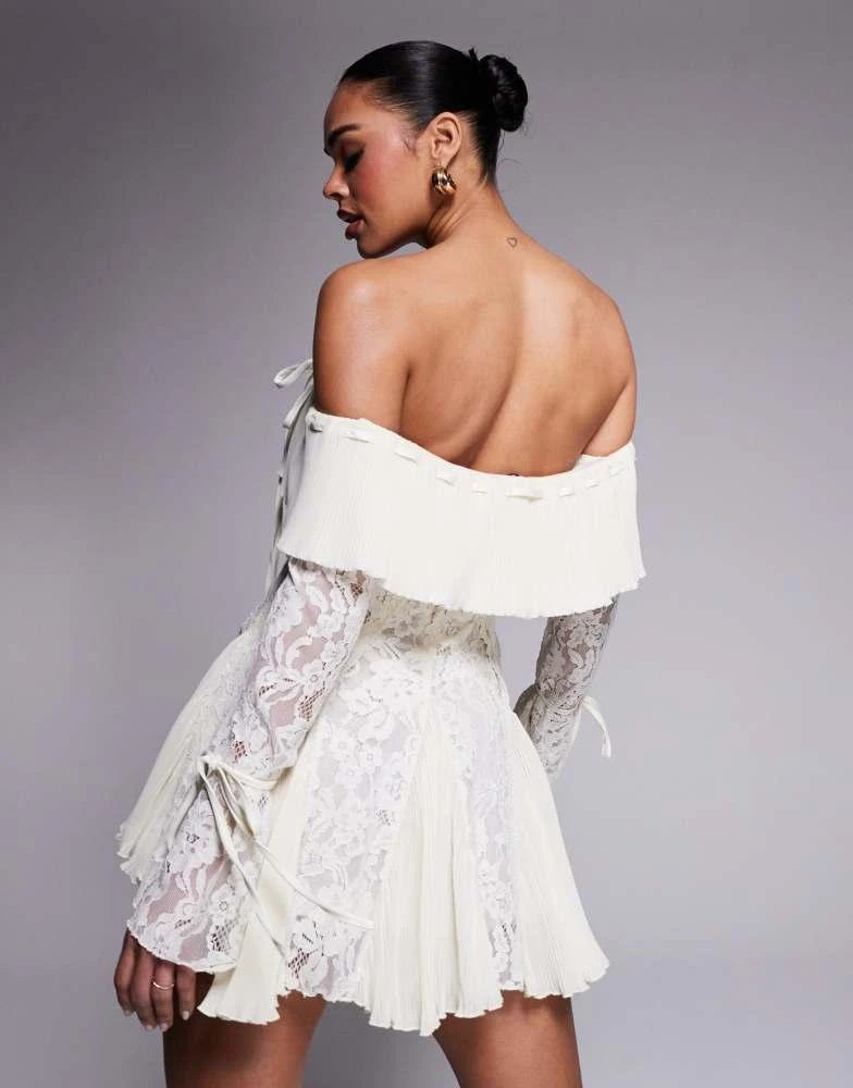 Murci exclusive lace bardot fit and flare godet detail mini dress in cream   On Sale Now with Up to 25% Off | Discover Exclusive Deals & Savings at  BeyondStyle  Authentic