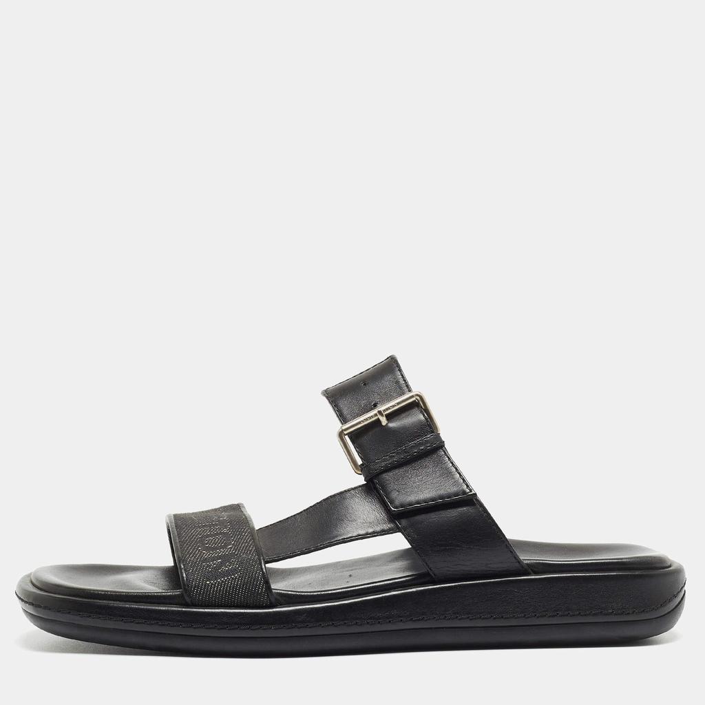 Louis Vuitton Louis Vuitton Black Leather and Logo Canvas Slide Sandals Size 44.5