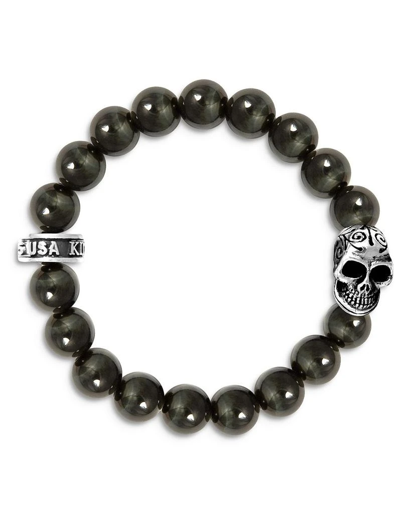 King Baby Blue Tiger Eye Bead Bracelet with Day of the Dead Skull 1