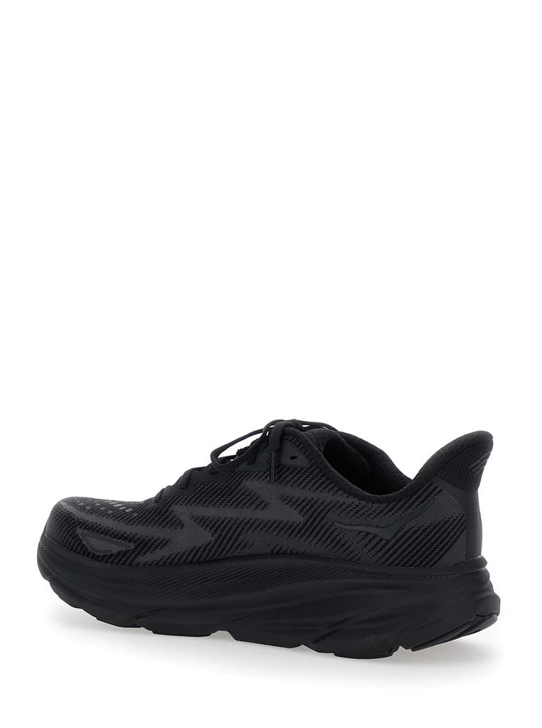 Hoka One One clifton 9 Black Sneakers With Zig Zag Embroidery And Side Logo Print In Rubber Unisex