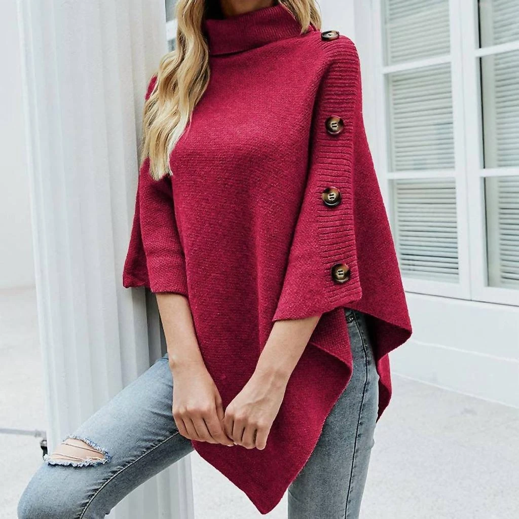 Masyal Autumn Winter Turtleneck Shawl Sweater Coat In Rose Red