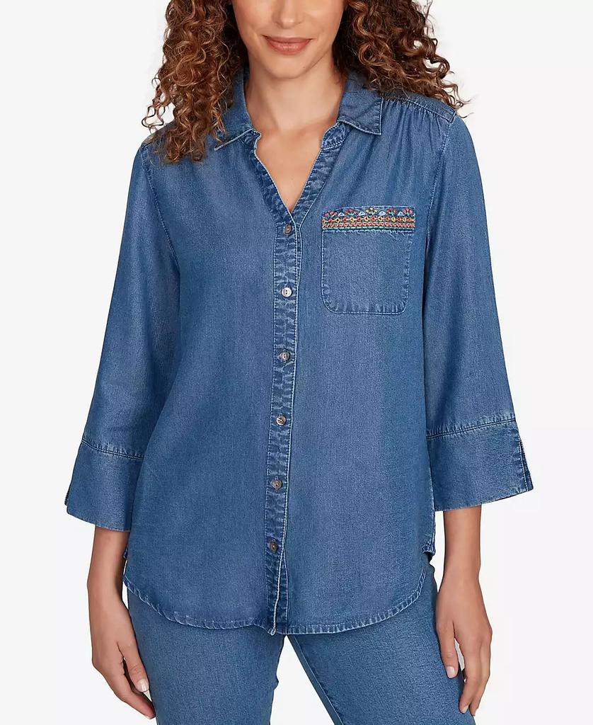 Alfred Dunner Petite El Paso Embroidered Butterfly Button Front Top