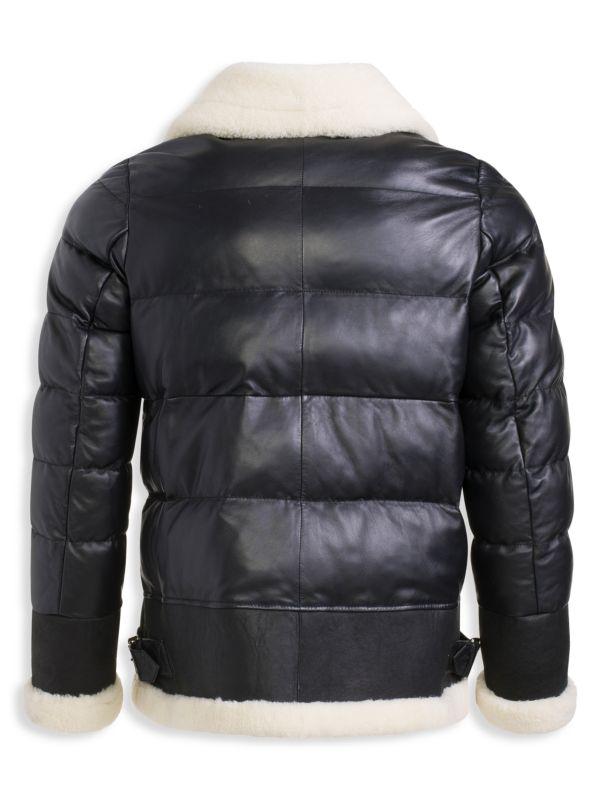 WOLFIE FURS Shearling Trim Leather Down Puffer Jacket