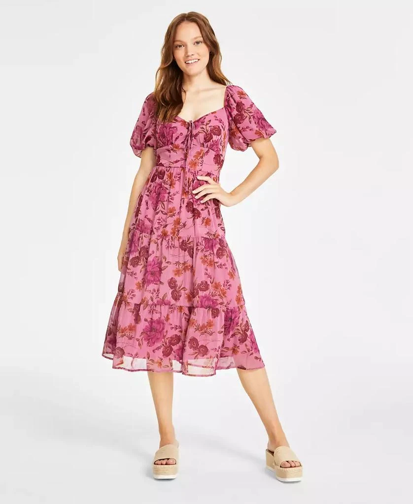 City Studios Juniors' Floral Print Puff-Sleeve Tiered Midi Dress 1