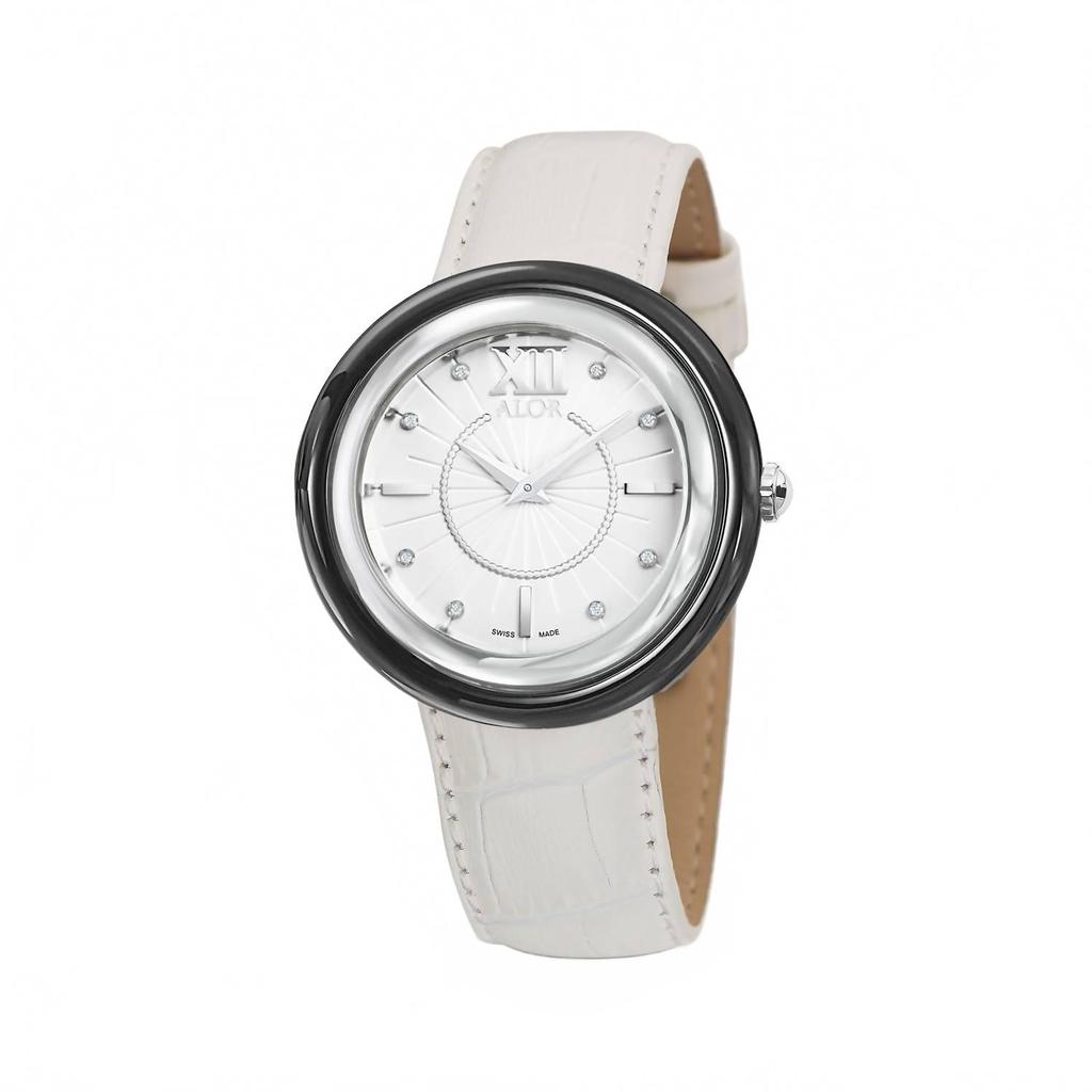ALOR 0.04 Cts Leather Strap Diamond Watch In White