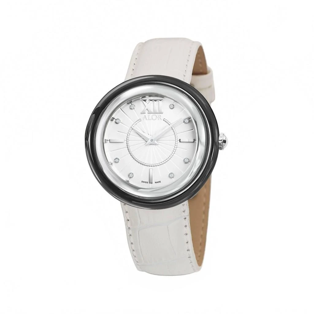 ALOR 0.04 Cts Leather Strap Diamond Watch In White 1